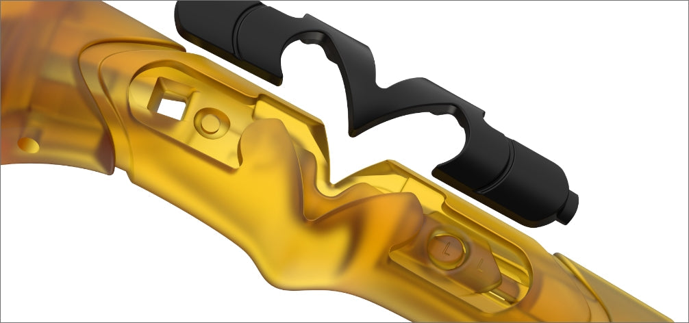 Snap-fit interchangeable M icon for customization.